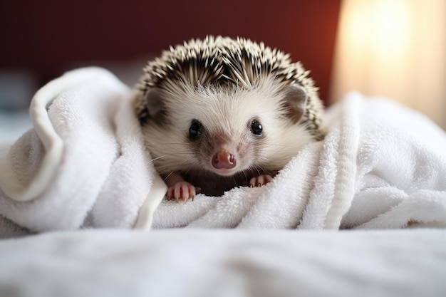 Small african hedgehog sitting under gray blanket Exotic domestic pet