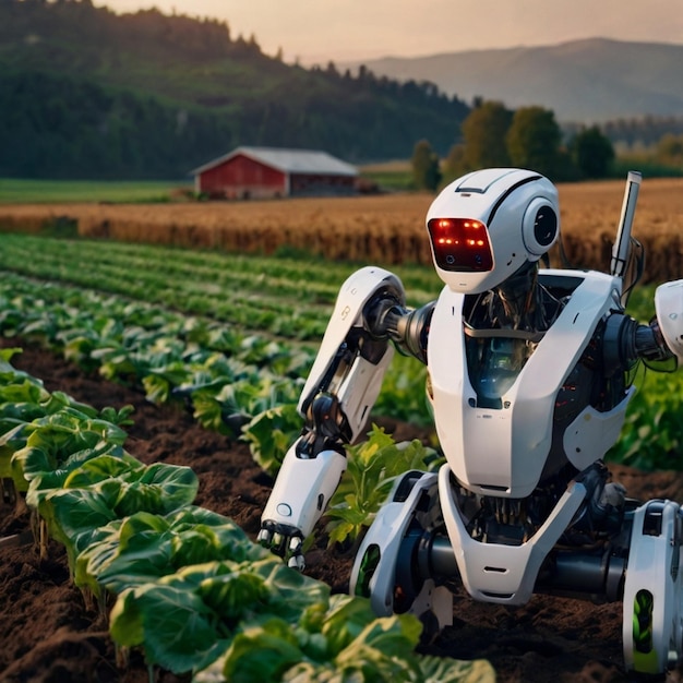 Photo small ai robot drone is working in a corn field farm for agriculture technology concept