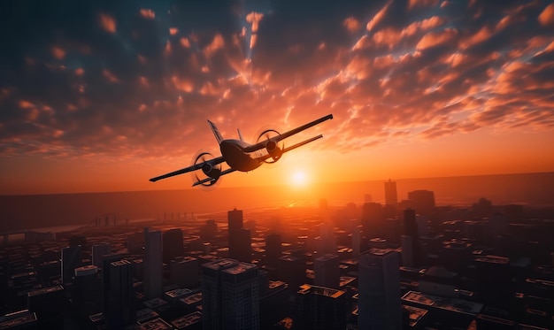 Small aircraft soaring over the metropolis Urban cityscape in red light of sunset at backdrop Top view Generative AI