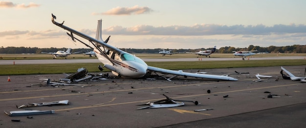 Photo a small airport scene featuring light aircraft flipped upside down