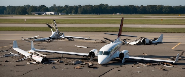 Photo a small airport scene featuring light aircraft flipped upside down