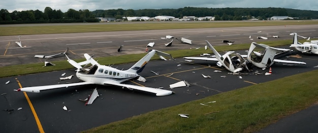 Photo a small airport scene featuring light aircraft flipped upside down