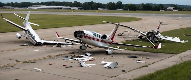 Photo a small airport scene featuring light aircraft flipped upside down