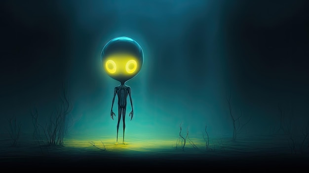 Photo a small alien is standing in a dark murky swamp