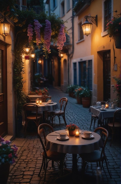 a small alley with tables and lights and flowers in the evening