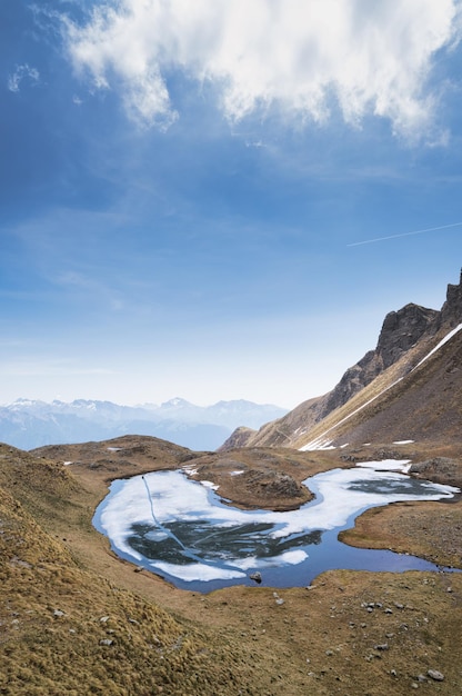 Small alpine lake at the thaw