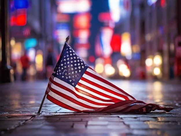 a small american flag is laying on the ground in the rain