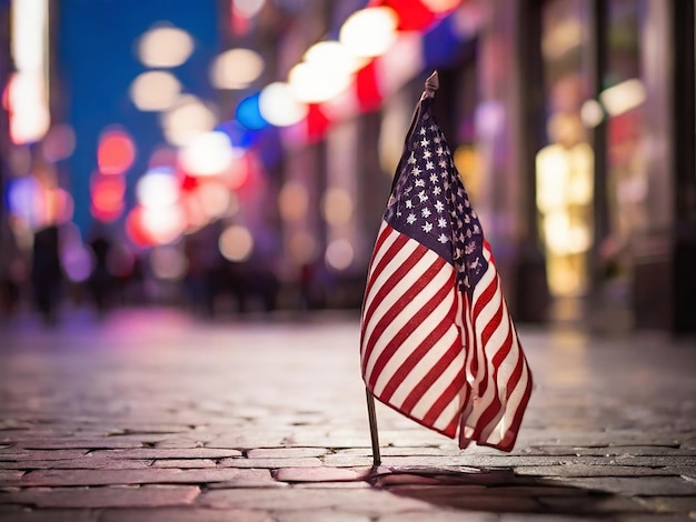 a small american flag is on the sidewalk in front of a building