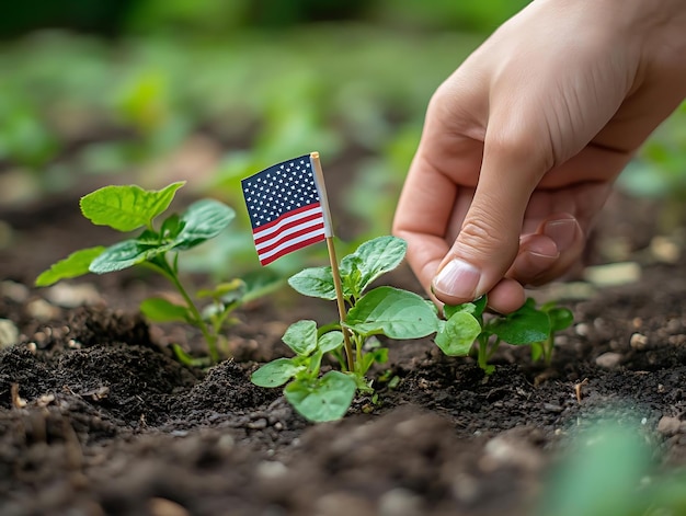 A Small American Flag Stuck in the Ground Next to a Green Plant Photo