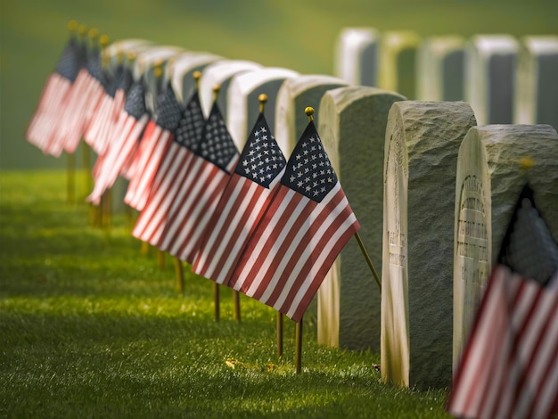 Photo small american flags and headstones at national cemetary memorial day concept