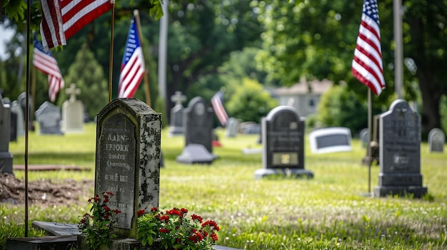 Small American flags and headstones at National cemetary Memorial Day display with Generative AI