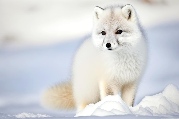 Small animal arctic fox with thick fur playing in snow