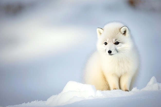 Small animal arctic fox with thick fur playing in snow