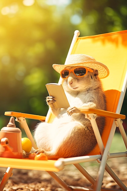 Small Animal Sitting in Lawn Chair Reading Book