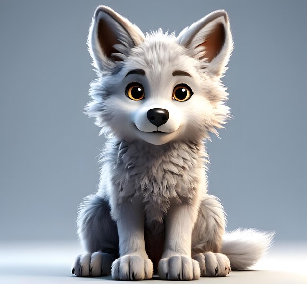 Small animated wolf with large eyes on light background