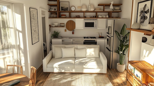 Photo a small apartment living room with a compact sofa multifunctional furniture and efficient use of space