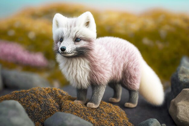 Small arctic fox with thick grey tail and pink paws