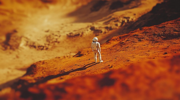 Photo a small astronaut is standing on a desert surface