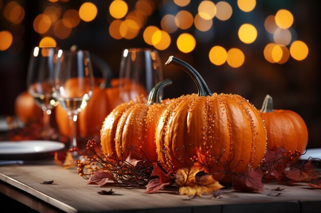 Small autumn pumpkins on a plate bokeh