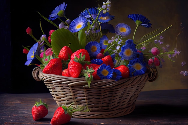 Small basket of ripe strawberries and bunch of cornflowers flower