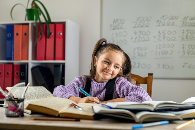 Small beautiful girl sits at a school desk with a mountain of books and studies pupil school books