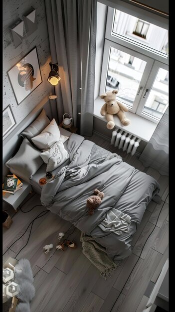 Photo a small bedroom for children with a wooden floor a grey bed and grey linen teddy bears on the side of it a window of the room with sunlight coming in from outside a top view