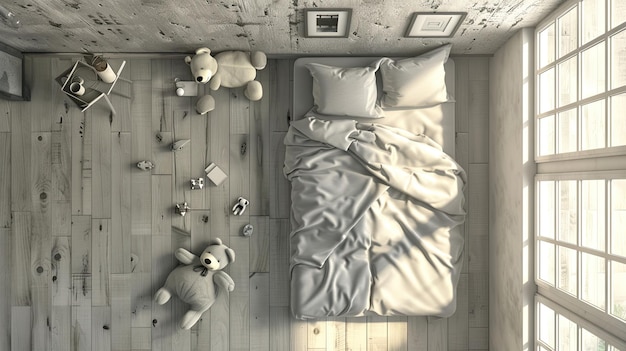 Photo a small bedroom for children with a wooden floor a grey bed and grey linen teddy bears on the side of it a window of the room with sunlight coming in from outside a top view