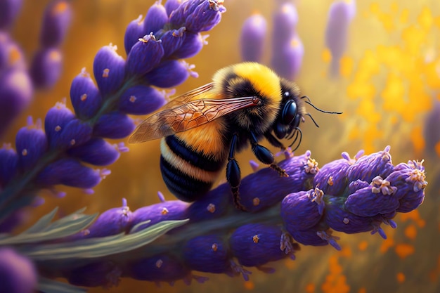 Small bee collects pollen from lavender flower in lavanda field