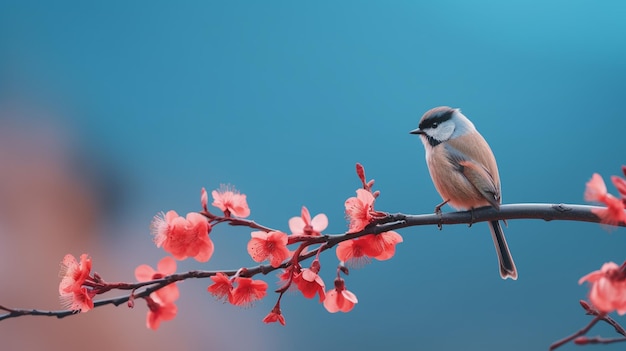 A small bird on a branch with flowers on a pastel background