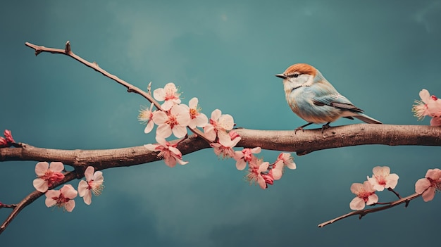 A small bird on a branch with flowers on a pastel background