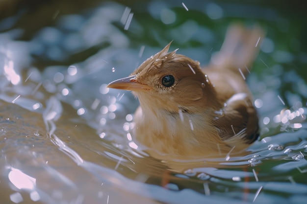 A small bird is sitting in a puddle of water