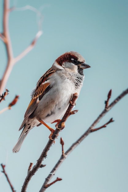 A small bird perched on a branch of a tree ready for takeoff