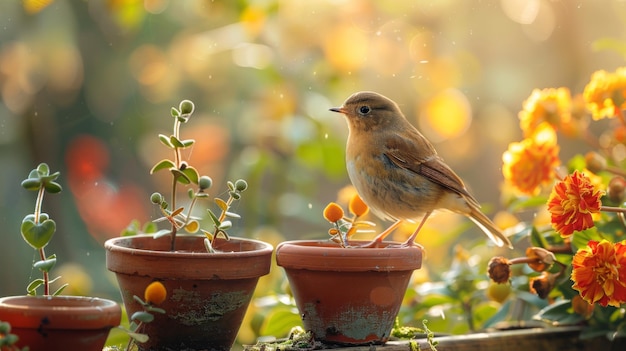 Small Bird Perched on Clay Pot in Blooming Garden