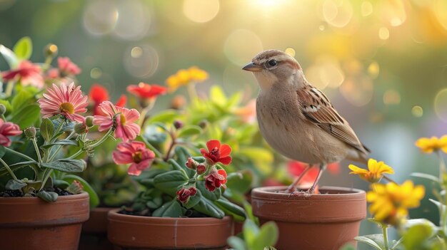 Small Bird Perched on Clay Pot in Blooming Garden