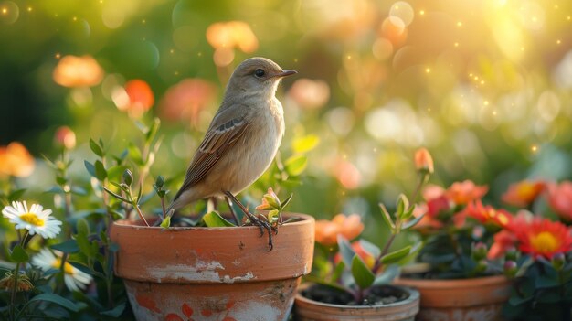 Small Bird Perched on Clay Pot in Blooming Garden