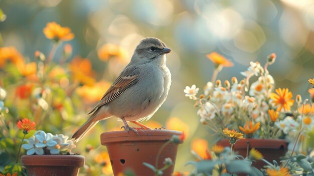 Small Bird Perched on Clay Pot in Blooming Garden