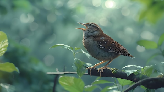 A Small Bird Singing In A Lush Green Forest