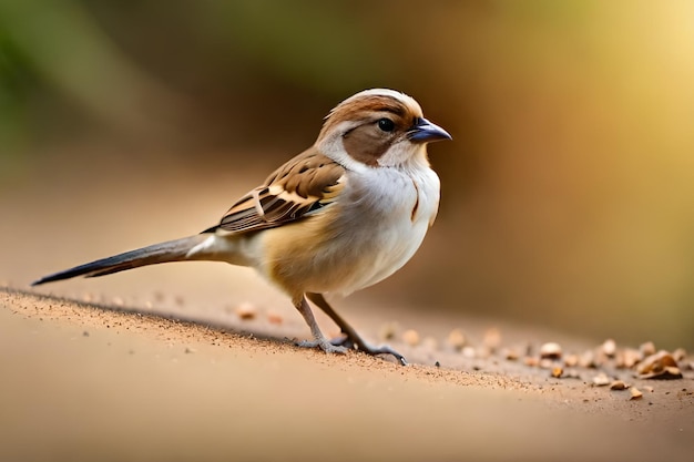 A small bird sits on a ledge with the word sparrow on it.