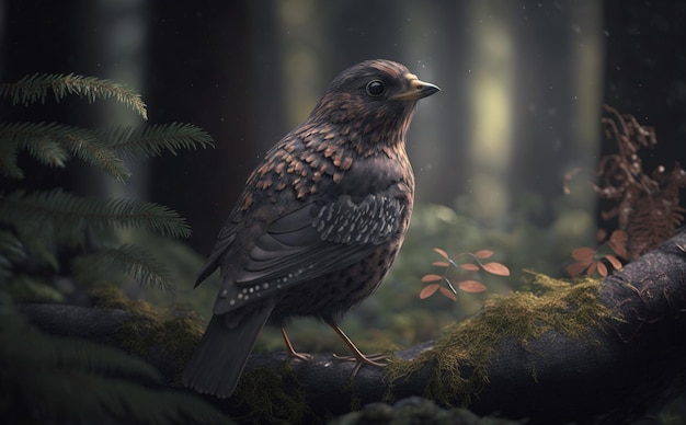 a small bird on a tree trunk in the forest