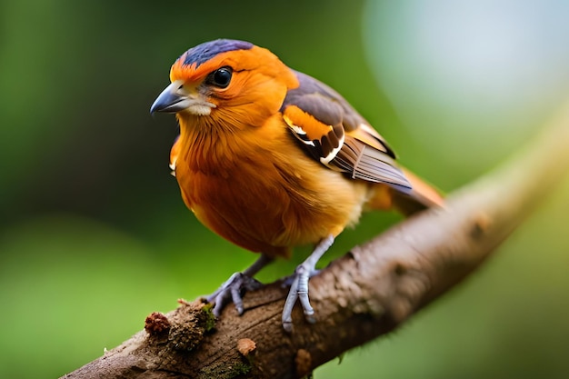 A small bird with a blue head and orange head sits on a branch.