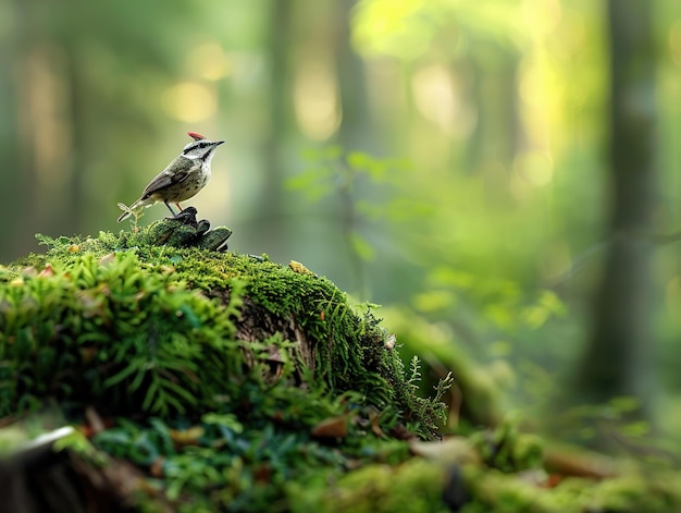 Photo a small bird with a red crest perched on a mossy log in a forest