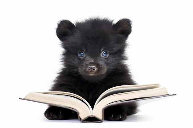 a small black bear reading a book