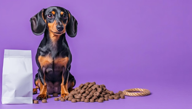 A small black and brown dog is sitting on a purple background with a white bag o