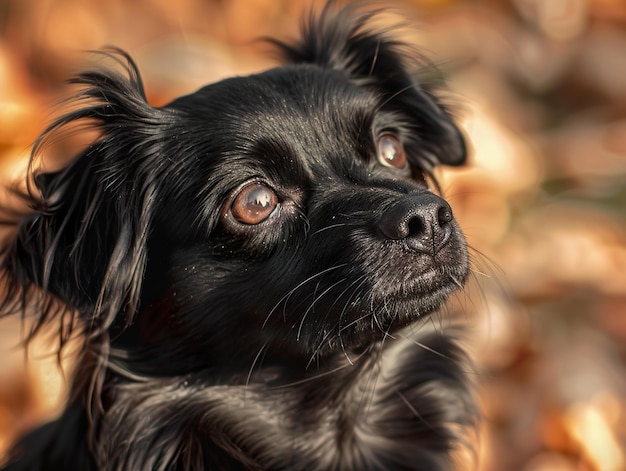 Photo a small black dog with brown eyes looking up with a blurred background of fallen autumn leaves