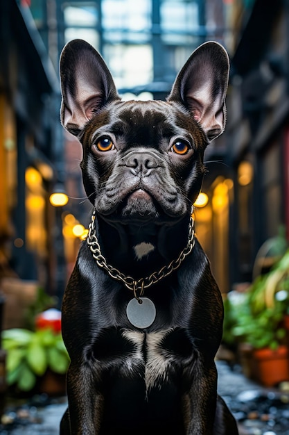 Small black dog with gold chain around it's neck Generative AI