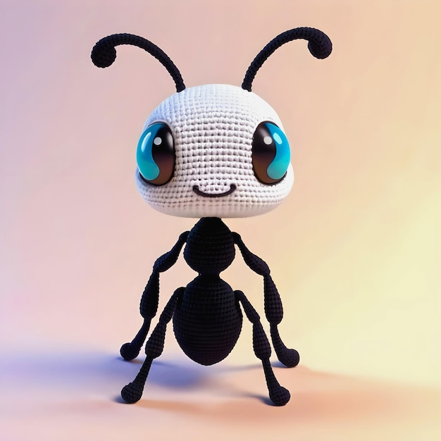 the small black insect with big eyes is made out of white yarn