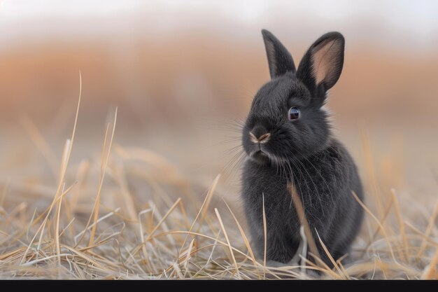 Small Black Rabbit Standing on Dry Grass Field