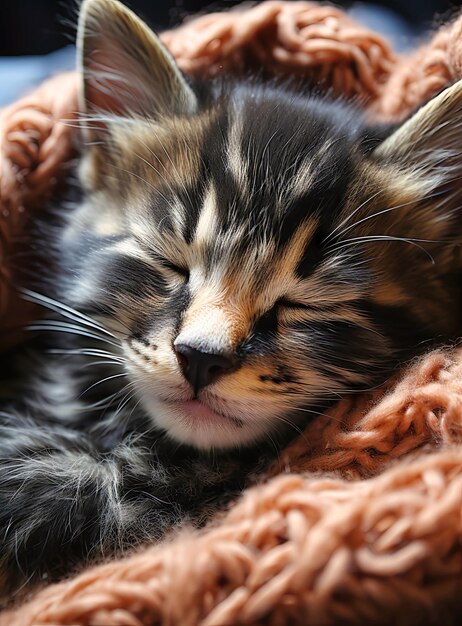 Photo a small black and white kitten is peacefully sleeping on a soft blanket curled up in a cozy ball the adorable feline is completely relaxed with its eyes closed and paws tucked under its body