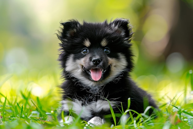 a small black and white puppy lying in grass