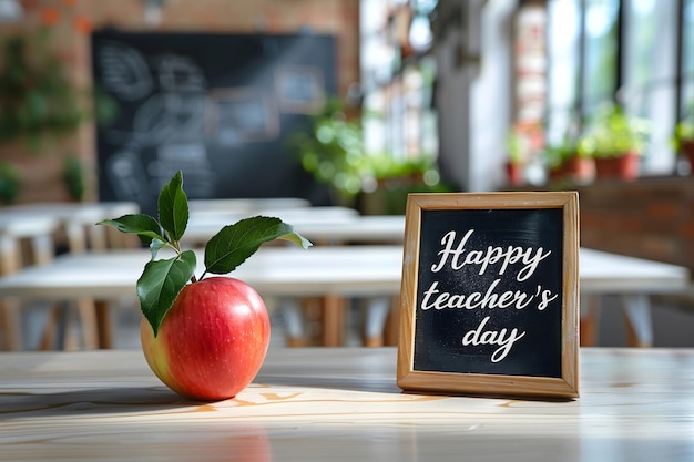 Small blackboard on the table in classroom with the phrase Happy teachers day